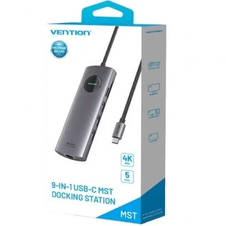 Vention TQVHB Docking Station USB-C 9 en 1: 2xHDMI 4K 60Hz, 3xUSB, RJ45 Gigabit, Lector Tarjetas SD/TF, USB-C PD 100W, Aluminio Gris